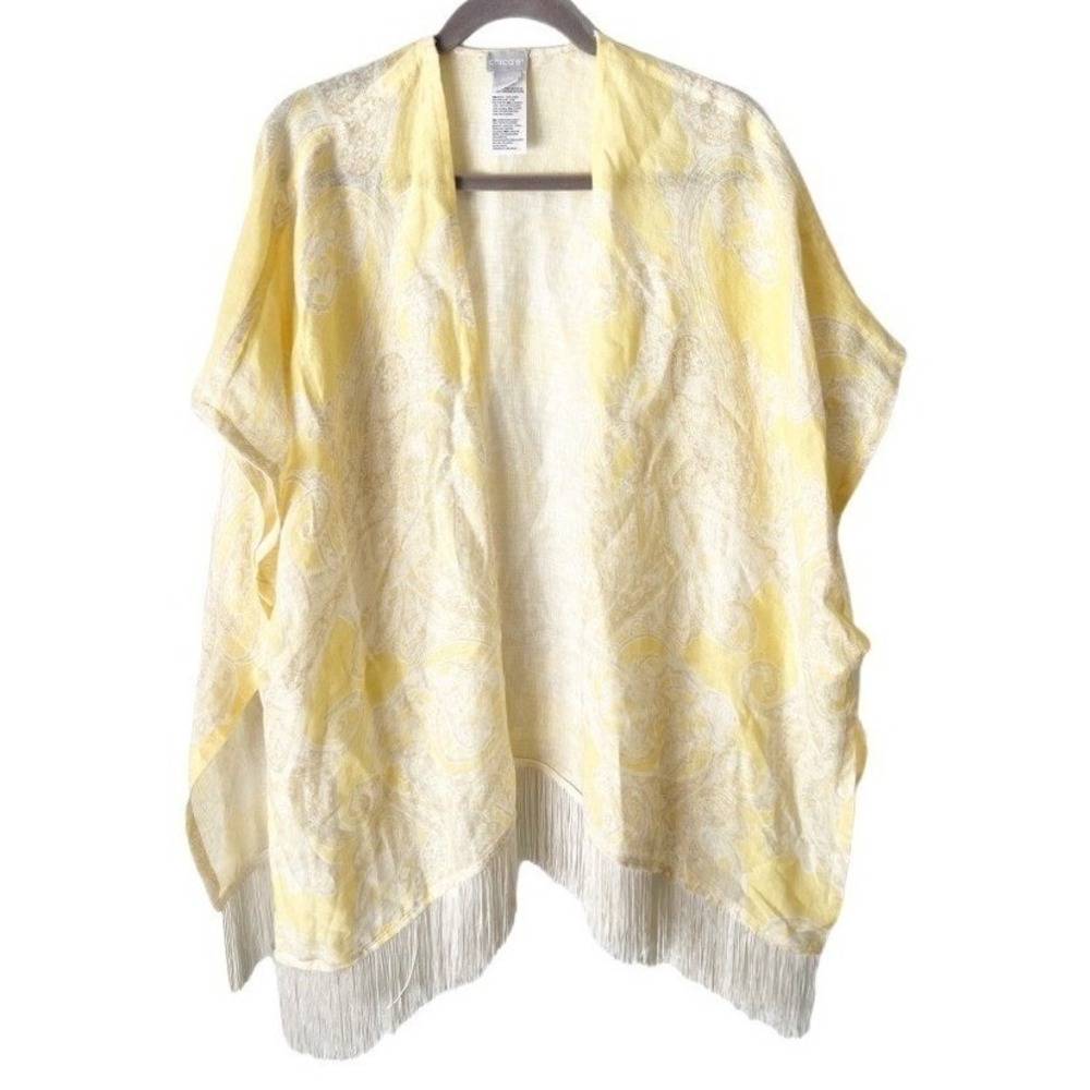 Chicos‎ 100% Linen Ruana Fringe Hem Yellow Paisley Wrap Poncho Size Small Medium